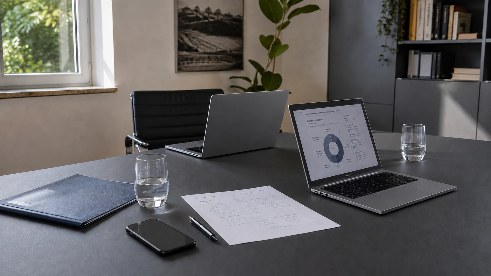Ein moderner Beratungstisch mit zwei Laptops, Arbeitsunterlagen, Wassergläsern und einem Smartphone