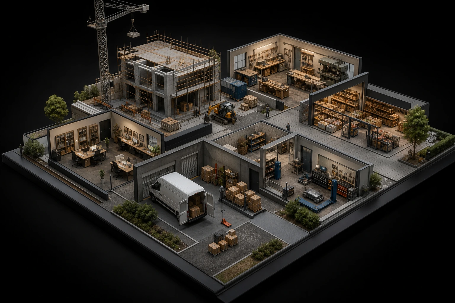 Zusammenhängendes Mittelstands-Diorama mit Baustelle, Handwerksbetrieb, Handel, Büro, Logistik und technischem Service