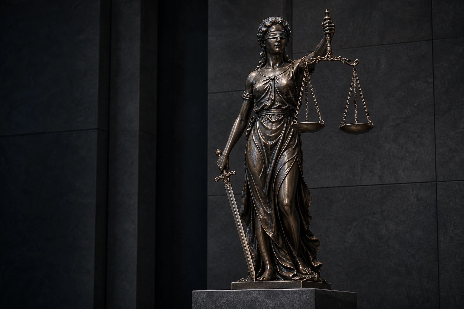 Lady Justice mit verbundenen Augen, Waage und Schwert in einer dunklen institutionellen Architektur