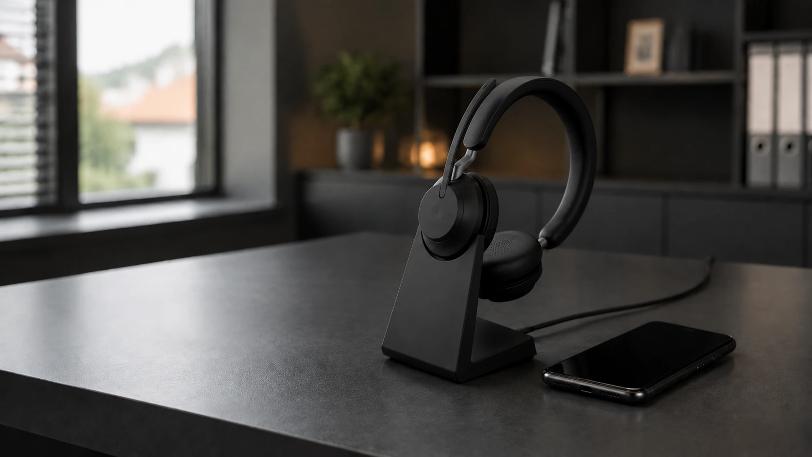 Ein neutrales Business-Headset auf seiner Ladestation neben einem Smartphone