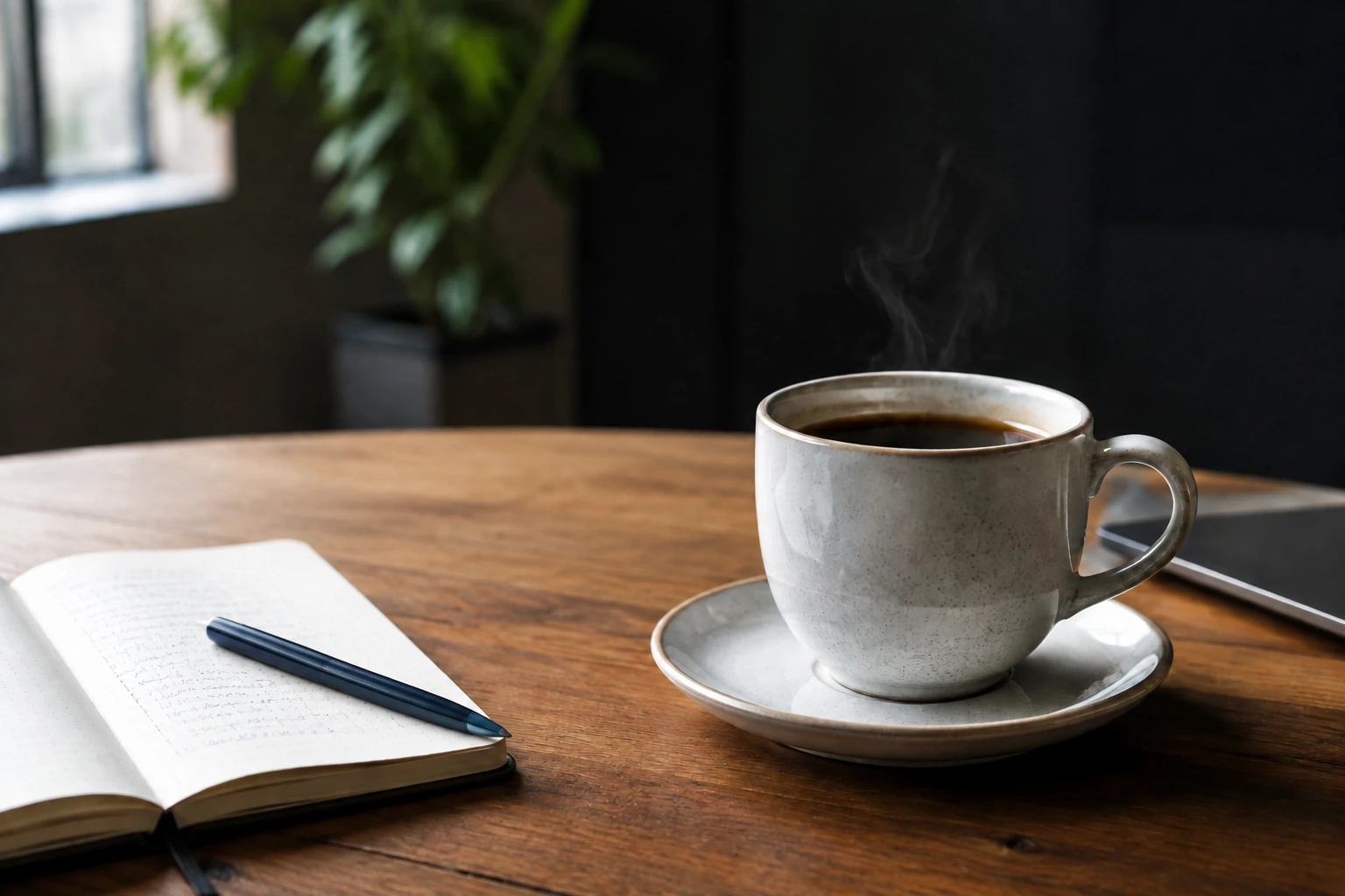 Eine dampfende Tasse Kaffee neben einem geöffneten Notizbuch in einem ruhigen Besprechungsraum