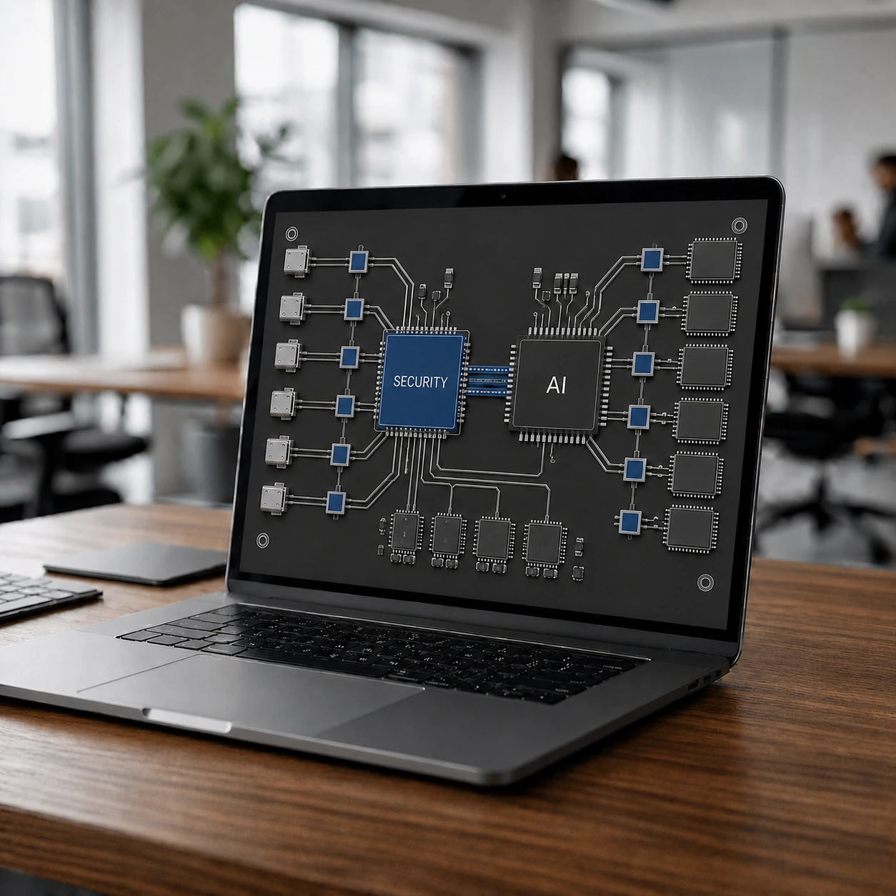 Ein realer Laptop zeigt eine fest verschaltete Sicherheitsarchitektur: Eingänge führen zuerst durch Security und anschließend kontrolliert zur Unternehmens-KI